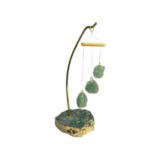 Móbile de pedra 3 peças quartzo verde + base em quartzo verde banhada a ouro