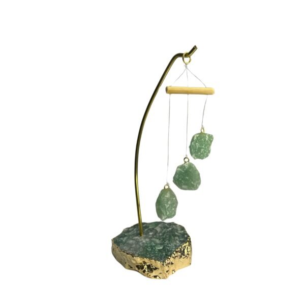 Móbile de pedra 3 peças quartzo verde + base em quartzo verde banhada a ouro