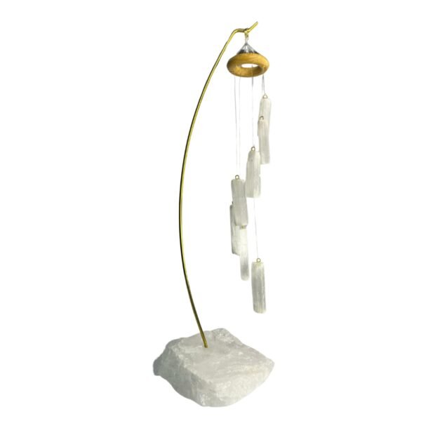 Móbile de pedra 7 peças de selenita + base quartzo branco