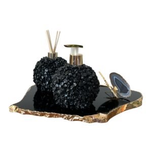 Kit Lavabo - Saboneteira, difusor em cristal preto matizado, borboleta em ágata e bandeja em obsidiana com bordas banhada a ouro