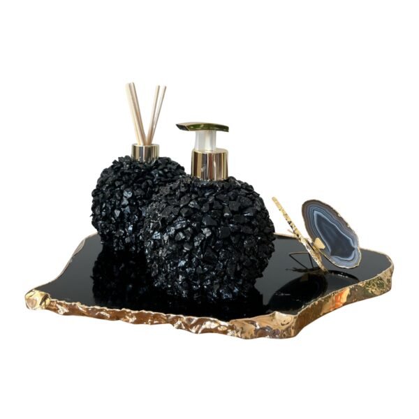 Kit Lavabo - Saboneteira, difusor em cristal preto matizado, borboleta em ágata e bandeja em obsidiana com bordas banhada a ouro