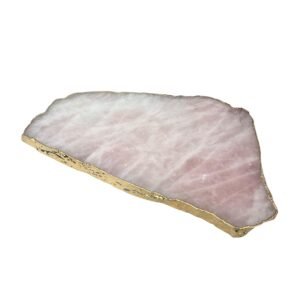 Bandeja em pedra quartzo rosa com bordas banhada a ouro